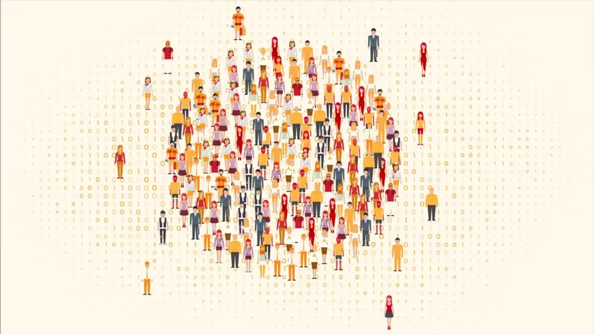 Diverse crowd of people forming a circular shape over a subtle binary code background.