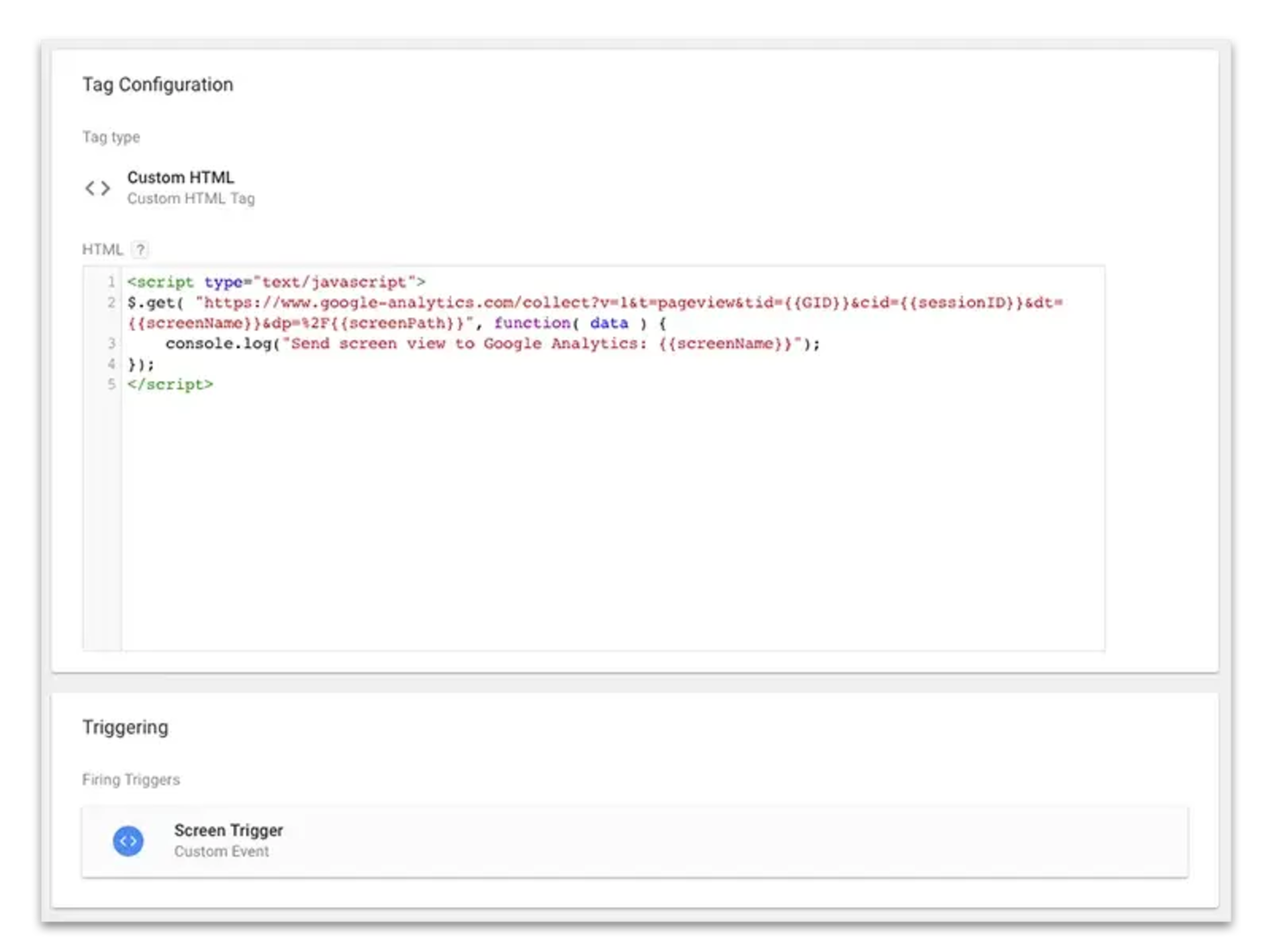 GTM screenshot, custom snippet tag