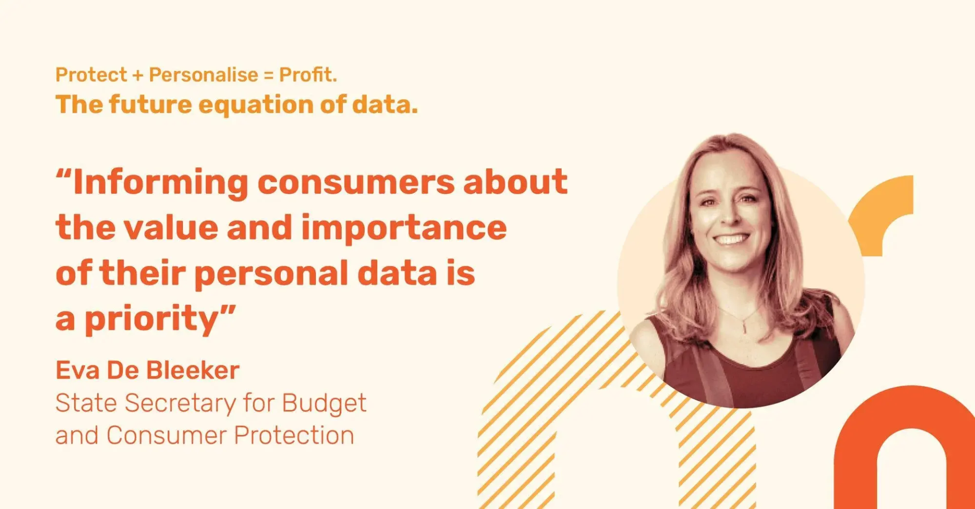 Eva De Bleeker, State Secretary for Budget & Consumer Protection, smiling, next to her data quote.