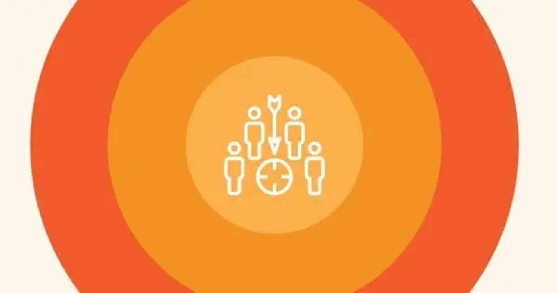 Five people icons around a target with an arrow hitting it, on an orange bullseye background.