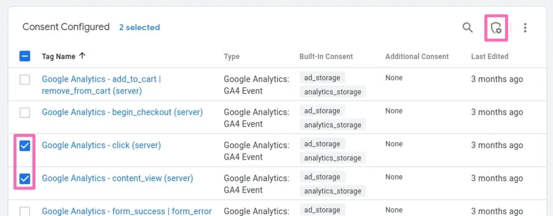 Table listing Google Analytics GA4 events with their consent settings, showing two selected events.