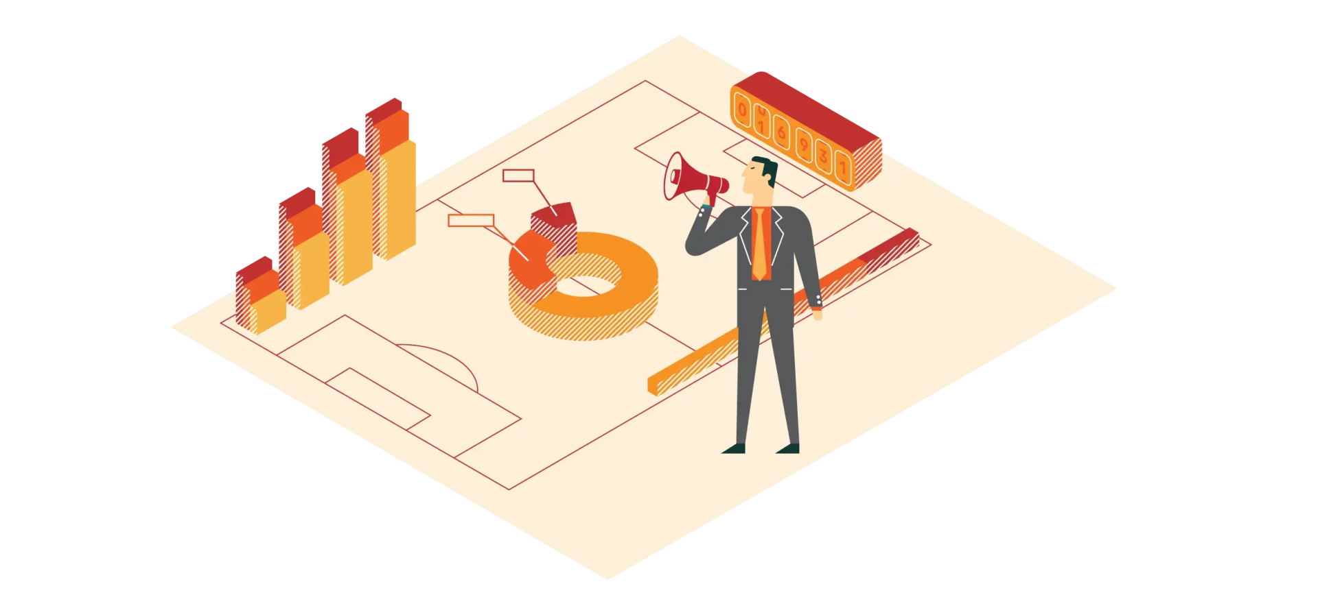 Business leader holding a megaphone on an isometric field with financial charts and data.