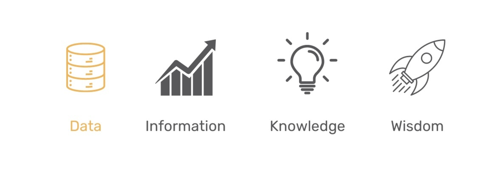 Data, Information, Knowledge, Wisdom illustrated with icons: database, bar chart, lightbulb, rocket.