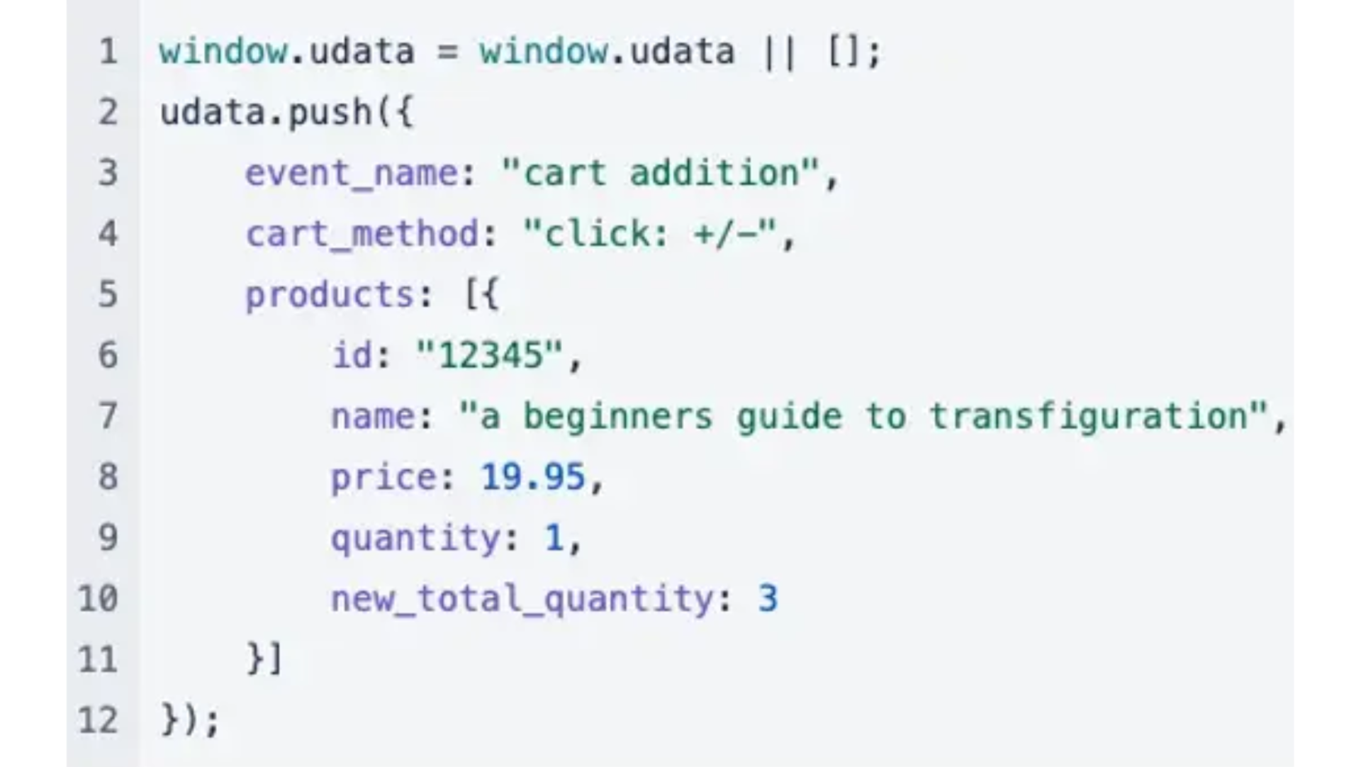JavaScript code snippet displaying a "cart addition" event with product details like ID, name, price, and quantity.