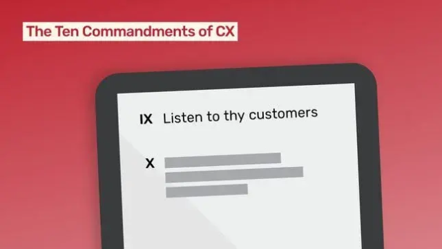 Tablet screen showing "The Ten Commandments of CX", highlighting "IX. Listen to thy customers."