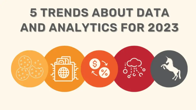 5 trends about data and analytics for 2023 with icons for cookies, data privacy, value exchange, cloud data, and unicorn.