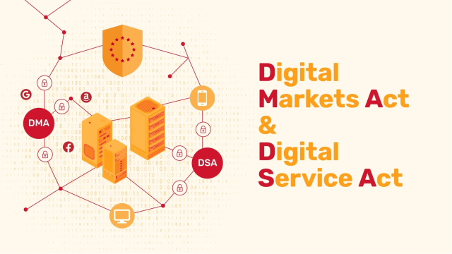 Visual representation of the Digital Markets Act & Digital Service Act, with server racks, tech icons, and EU shield.