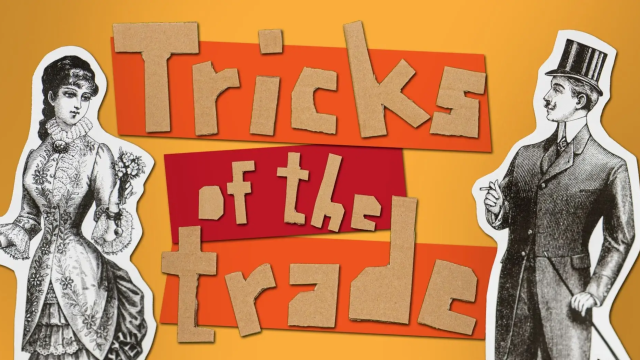 Decorative image for "Tricks of the Trade" featuring Victorian-era cutouts of a man and woman.