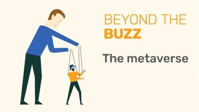 Man using strings to control a smaller man with VR headset; "Beyond the Buzz, The metaverse" text.