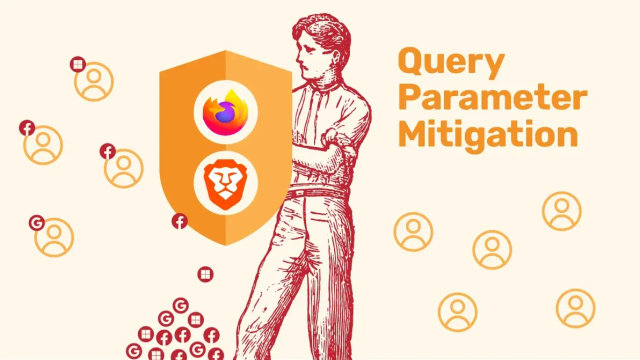 Man holds shield with Firefox/Brave logos, blocking social media tracking icons. Text: "Query Parameter Mitigation."