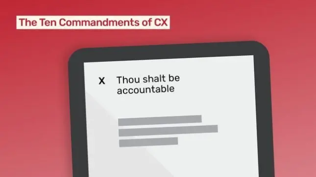 Tablet displaying "The Ten Commandments of CX," with "Thou shalt be accountable" highlighted.