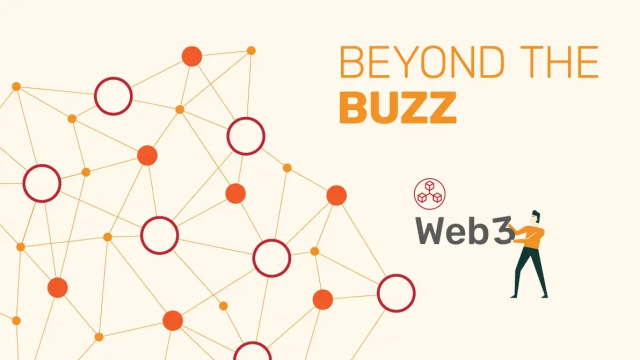 Web3 concept with "Beyond the Buzz" text and a person pulling "Web3" into a network.